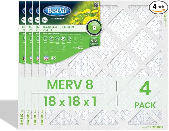 BestAir 18x18x1 Air Filter (4-Pack) | MERV 8 Basic Allergen 7500 HVAC AC Furnace Filter | Replacement Air Filter for Residential & Commercial Use | Made in USA | Actual Size (17.75 x 17.75 x 0.75)