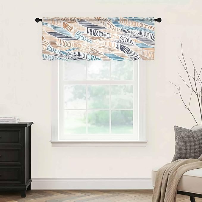 Abstract Stripes Sheer Valance Curtains, Brown Blue Gradient Wavy Lines Leaf Texture Light Filtering Kitchen Valances Rod Pocket Voile Curtain Window Treatment for Bedroom/Living Room/Basement 60Wx18L