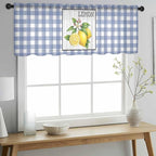Lemon Sheer Valance Curtains, Summer Fruit Floral Wood Grain Blue Plaid Light Filtering Kitchen Valances Rod Pocket Voile Curtain Window Treatment for Bedroom/Living Room/Basement 60Wx18L