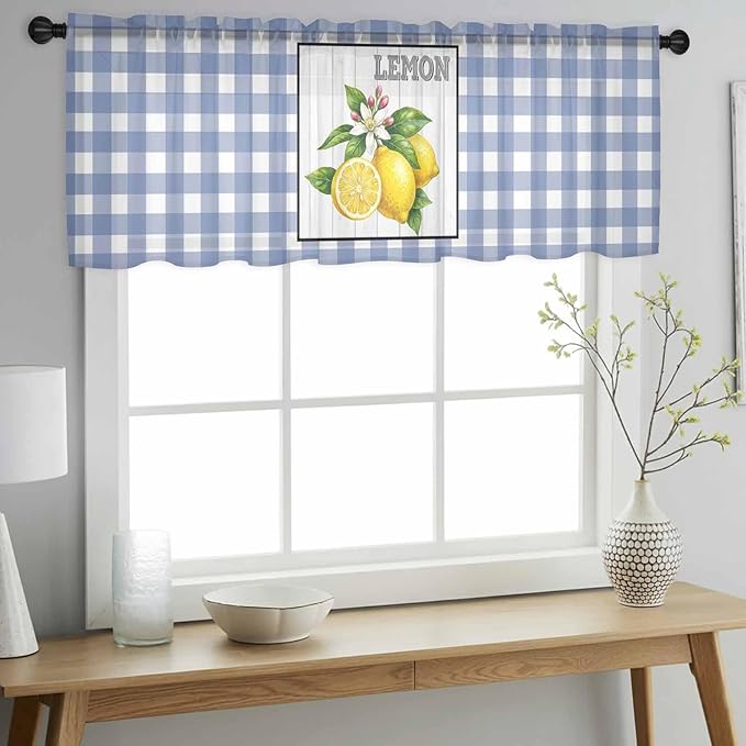 Lemon Sheer Valance Curtains, Summer Fruit Floral Wood Grain Blue Plaid Light Filtering Kitchen Valances Rod Pocket Voile Curtain Window Treatment for Bedroom/Living Room/Basement 54Wx18L