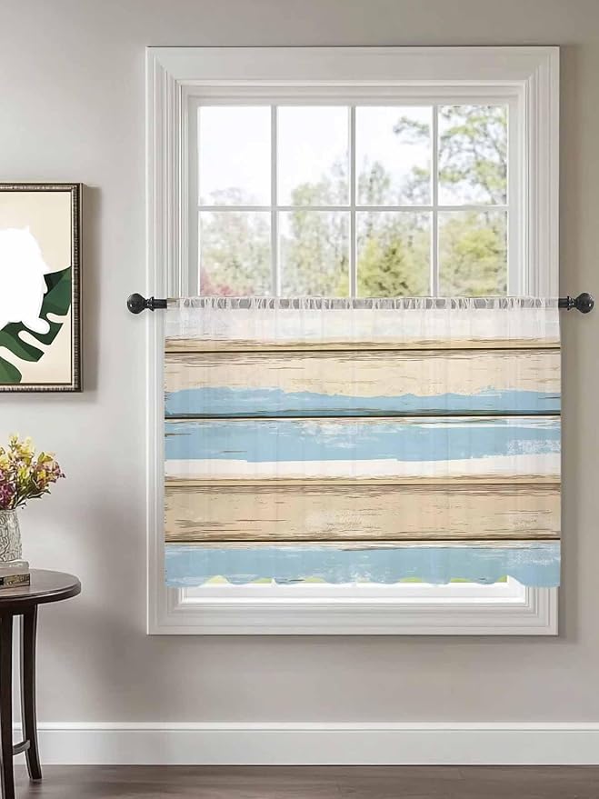 Sheer Curtains 54 Inch Length, Vintage Geometric Blue Semi Sheer Curtains Light Filtering Window Treatment, Abstract Country Shabby Wood Grain Privacy Voile Drapes for Living Room Bedroom 52x54 Inch