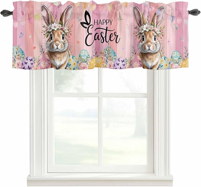 Easter Curtain Valances for Windows, Kitchen Valance Window Treatment, Spring Rabbit Eggs Flowers Flags Leaves Wood Grain Light Filtering Block Curtains for Bathroom/Bedroom/Living Room 54'' x 18''