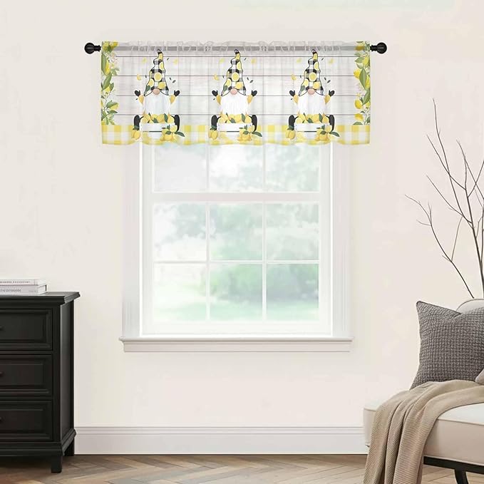 Lemon Dwarfs Sheer Valance Curtains, Gnome Green Leaf Wood Striped Black Plaid Light Filtering Kitchen Valances Rod Pocket Voile Curtain Window Treatment for Bedroom/Living Room/Basement 42Wx12L