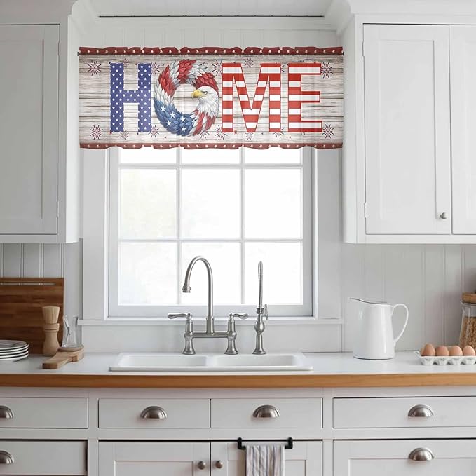 4th of July Sheer Valances for Windows 42"x12", Light Filtering Kitchen Curtains Valance, Stars Striped Farmhouse American Flag Wood Grain Rod Pocket Chiffon Curtains for Living Room Bedroom Cafe