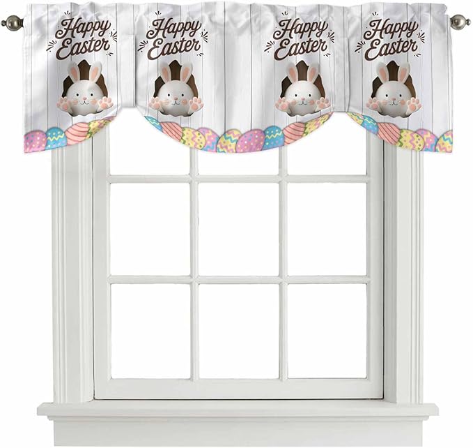Grey Easter Tie Up Valance Curtains for Windows, Kitchen Curtains Window Shades, Spring Cartoon Bunny Colorful Eggs Wood Grain Light Filtering Roman Curtain Valances for Bedroom/Bathroom/Cafe 42"x12"