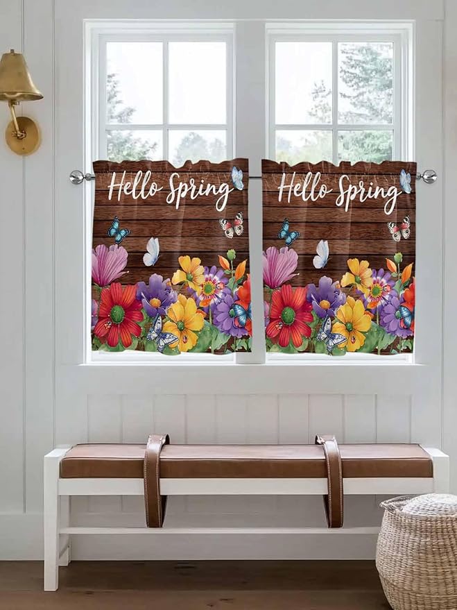 Spring Flowers Half Window Curtains 24 Inches Long, Watercolor Farmhouse Colorful Wooden Grain Window Treatment Curtain Drapes, Short Curtains Tiers for Kitchen Over Sink, 27.5"x24", 2 Panels