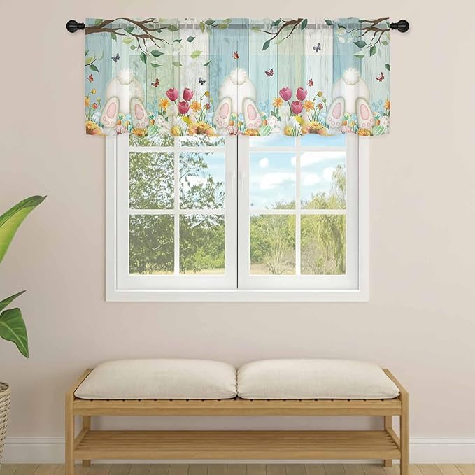 Easter Sheer Valances for Windows 54"x18", Light Filtering Kitchen Curtains Valance, Spring Watercolor Eggs Country Tulip Wooden Grain Rod Pocket Chiffon Curtains for Living Room Bedroom Cafe