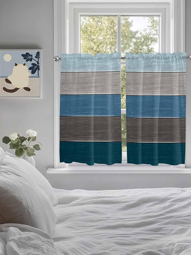 Retro Farm Blue Gray Wood Grain Window Valance Curtains, Rustic Wooden Plank Light Filtering Kitchen Valance with 3-inch Rod Pocket for Living Room Bathroom Bedroom,2 Panel,42x45In