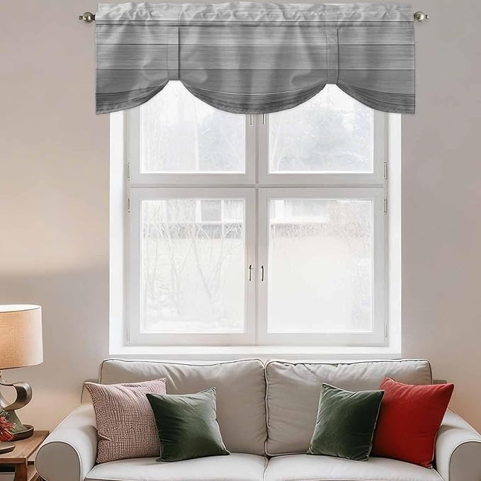 Grey Ombre Wooden Tie Up Valance Curtains for Windows, Kitchen Curtains Window Shades, Farmhouse Retro Gray Wood Gradient Light Filtering Roman Curtain Valances for Bedroom/Bathroom/Cafe 60"x18"