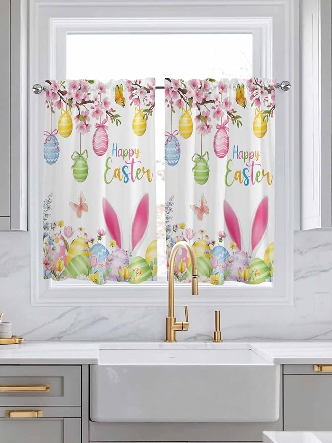 Happy Easter Tier Curtains 45 Inches Long, Spring Watercolor Bunny Eggs Flower Branch Window Treatment Curtain Drapes, Window Half Privacy Curtains for Bedroom Bathroom, 42"x45", 2 Panels