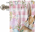 Kitchen Curtains Tiers and Valance Set of 3, Easter Light Filtering Window Curtain Set, Spring Rabbit Eggs Nature Botanicals Pink Plaid Rod Pocket Curtain Drapes for Cafe, Living Room, 24 Inches Tiers