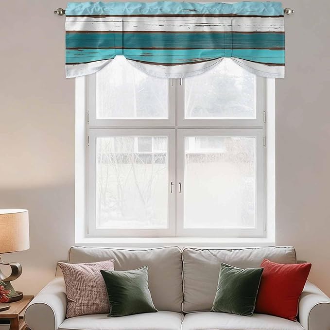 Turquoise Teal Tie Up Valance Curtains for Windows, Kitchen Curtains Window Shades, Farmhouse Retro Ombre Wooden Grain Light Filtering Roman Curtain Valances for Bedroom/Bathroom/Cafe 60"x18"
