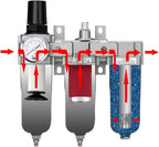 3 STAGE, HEAVY DUTY INDUSTRIAL GRADE FILTER REGULATOR COALESCING DESICCANT DRYER SYSTEM FOR COMPRESSED AIR LINE, METAL BOWLS, GREAT FOR PAINT SPRAY AND PLASMA CUTTER W/ELEMENTS (1/2"NPT, AUTO DRAIN)