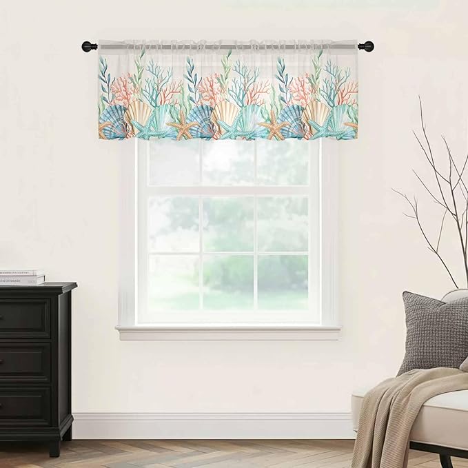 Summer Beach Sheer Valance Curtains, Ocean Colorful Coral Shell Seaweed Starfish Linen Light Filtering Kitchen Valances Rod Pocket Voile Curtain Treatment for Bedroom/Living Room/Basement 42Wx18L