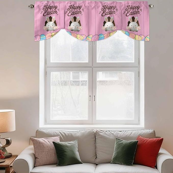 Pink Easter Tie Up Valance Curtains for Windows,Kitchen Curtains Window Shades,Easter Bunny Eggs Spring Cartoon Farmhouse Wood Grain Light Filtering Curtain Valances for Bedroom/Bathroom/Cafe 42"x12"