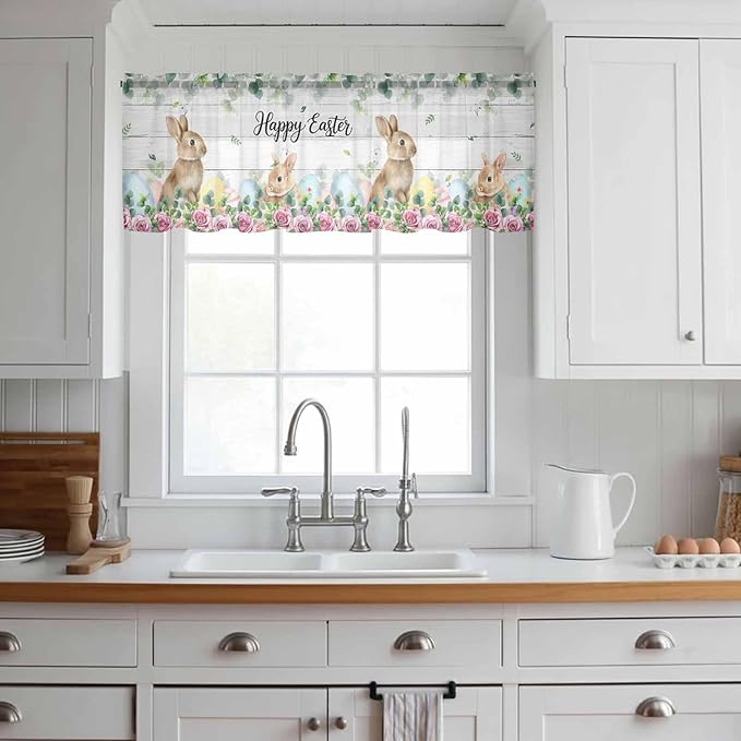 Easter Sheer Valances for Windows 42"x12", Light Filtering Kitchen Curtains Valance, Spring Watercolor Bunny Eggs Flower Leaf Wooden Grey Rod Pocket Chiffon Curtains for Living Room Bedroom Cafe