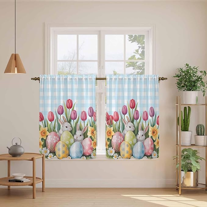 Easter Kitchen Tier Curtains 45 Inch Long 2 Panel Set,Rod Pocket Short Window Treatment,Spring Bunny Colorful Eggs Tulip Flowers Blue Check Light Filtering Curtains & Drapes for Bathroom 27.5"W x 45"L
