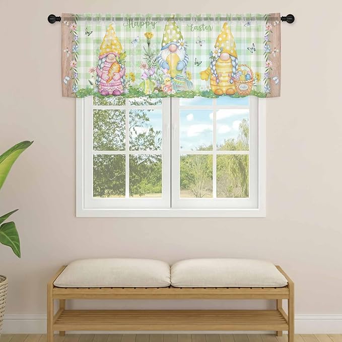 Easter Sheer Valances for Windows 54"x18", Light Filtering Kitchen Curtains Valance, Gnomes Flowers Duck Eggs Green Lattice Wooden Rod Pocket Chiffon Curtains for Living Room Bedroom Cafe