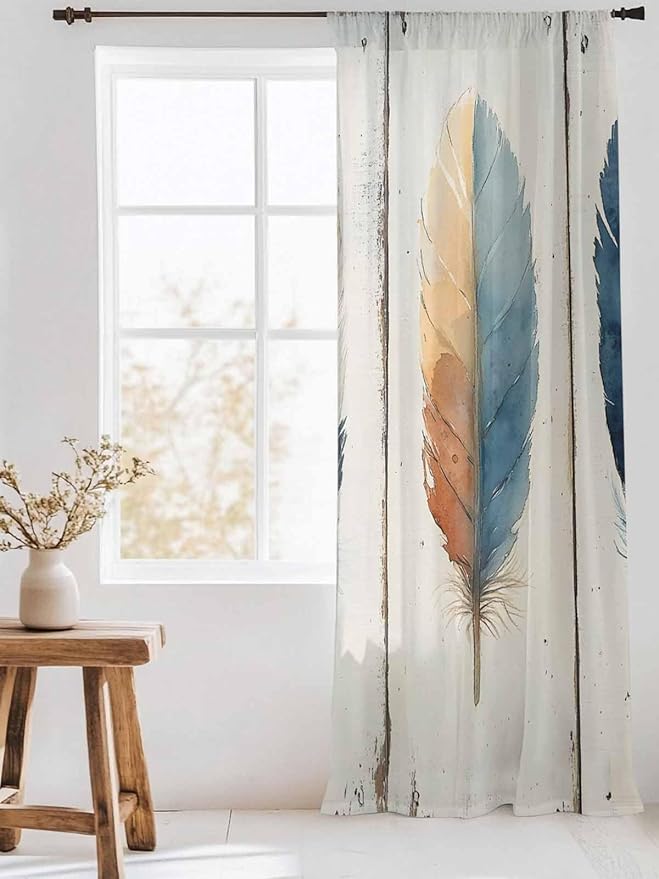 Sheer Curtains 84 Inches Long, Blue Brown Feathers Semi Sheer Curtains Light Filtering Window Treatment, Boho Ombre Vintage Wooden Grain Privacy Voile Drapes for Living Room Bedroom 52x84 Inch