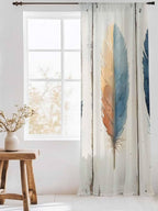 Sheer Curtains 96 Inches Long, Blue Brown Feathers Semi Sheer Curtains Light Filtering Window Treatment, Boho Ombre Vintage Wooden Grain Privacy Voile Drapes for Living Room Bedroom 52x96 Inch