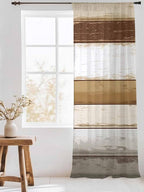 Sheer Curtains 108 Inches Long, Brown Wood Grain Semi Sheer Curtains Light Filtering Window Treatment, Vintage Country Geometric Striped Privacy Voile Drapes for Living Room Bedroom 52x108 Inch