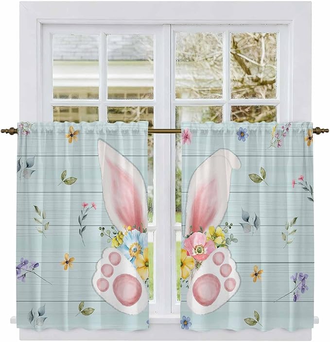 Easter Kitchen Curtains 54 Inch Long 2 Panel Set, Rod Pocket Window Curtains Panels, Spring Rabbits Ears Feet Flowers Wooden Grain Light Filtering Drapery Draperies for Bathroom Bedroom 52"W x 54"L