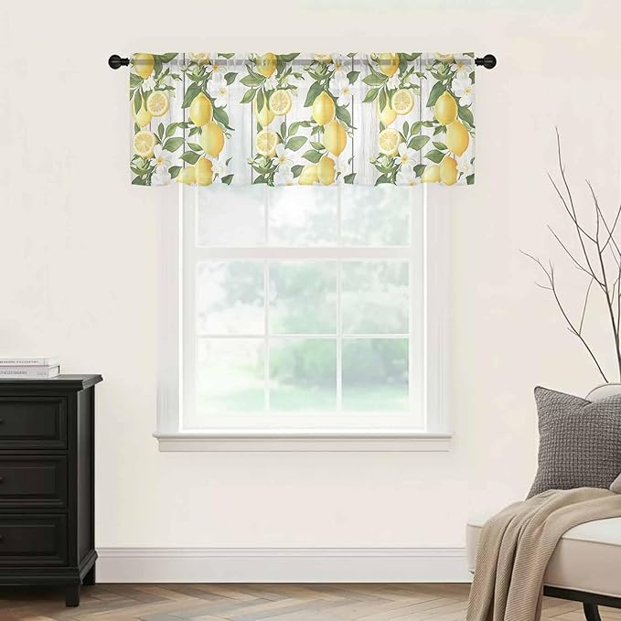 Spring Summer Lemon Sheer Valance Curtains, Leaf Flower White Wood Grain Light Filtering Kitchen Valances Rod Pocket Voile Curtain Window Treatment for Bedroom/Living Room/Basement 42Wx18L