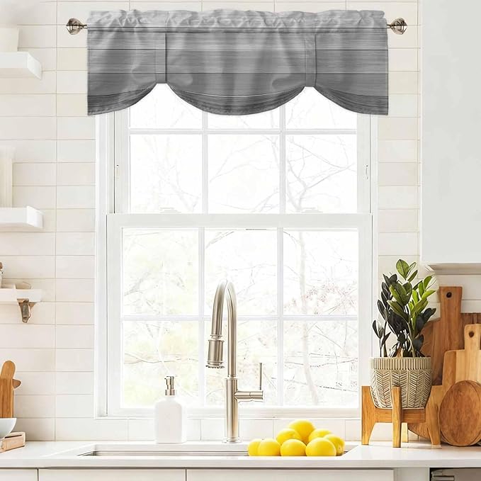 Grey Ombre Wooden Tie Up Valance Curtains for Windows, Kitchen Curtains Window Shades, Farmhouse Retro Gray Wood Gradient Light Filtering Roman Curtain Valances for Bedroom/Bathroom/Cafe 60"x18"