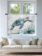 Sheer Curtains 45 Inch Length, Teal Green Sea Turtle Semi Sheer Curtains Light Filtering Window Treatment, Summer Ocean Vintage Wood Grain Privacy Voile Drapes for Living Room Bedroom 52x45 Inch