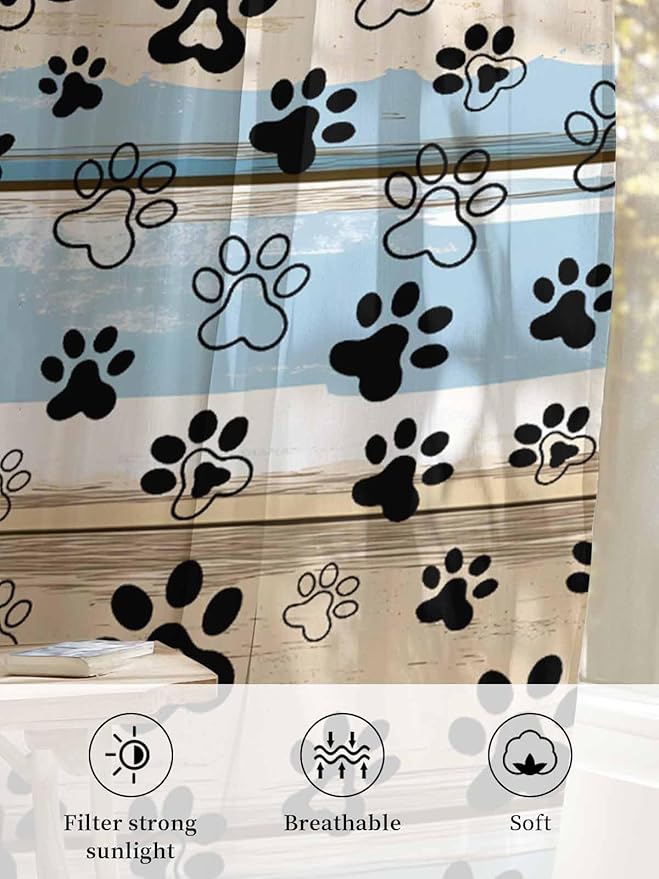 Sheer Curtains 108 Inches Long, Blue Dog Paw Print Semi Sheer Curtains Light Filtering Window Treatment, Vintage Farmhouse Rustic Wooden Grain Privacy Voile Drapes for Living Room Bedroom 52x108 Inch