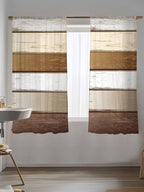 Sheer Curtains 63 Inch Length, Vintage Geometric Brown Semi Sheer Curtains Light Filtering Window Treatment, Farmhouse Country Chic Wood Grain Privacy Voile Drapes for Living Room Bedroom 52x63 Inch
