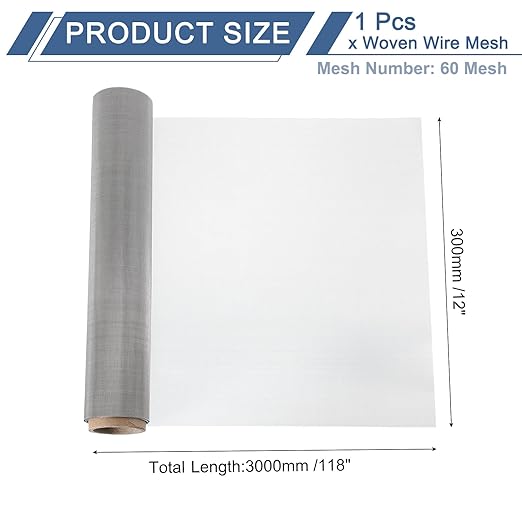 uxcell 60 Mesh 118" x 12" Woven Wire Mesh, 304 Stainless Steel Air Vent Filter Screen, Window Screen Mesh for DIY Projects Vents Cover Filtration Animals Fence