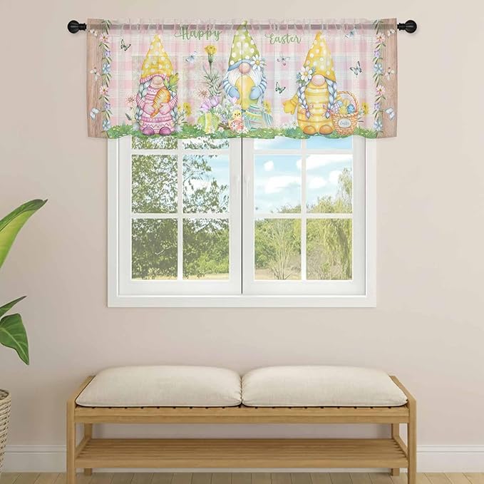 Happy Easter Sheer Valances for Windows 54"x18", Light Filtering Kitchen Curtains Valance, Spring Gnomes Duck Floral Eggs Pink Plaid Rod Pocket Chiffon Curtains for Living Room Bedroom Cafe
