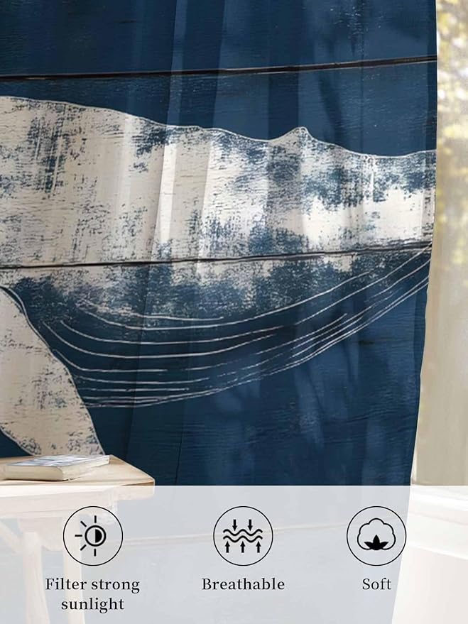 Sheer Curtains 63 Inch Length, Summer Whale Semi Sheer Curtains Light Filtering Window Treatment, Ocean Vintage Wooden Grain Blue Privacy Voile Drapes for Living Room Bedroom 52x63 Inch