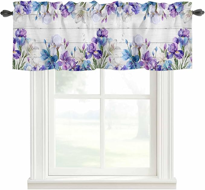 Spring Flowers Curtain Valances for Windows, Kitchen Valance Window Treatment, Watercolor Garden Florals Wooden Grain Light Filtering Block Curtains for Bathroom/Bedroom/Living Room 42'' x 12''