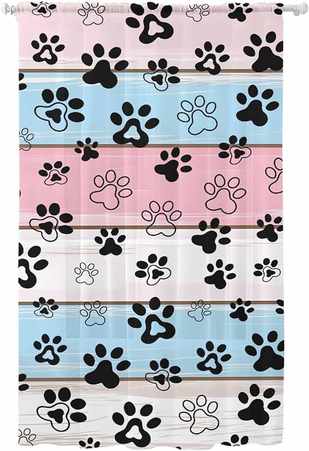 Sheer Curtains 108 Inches Long, Pink Blue Paw Print Semi Sheer Curtains Light Filtering Window Treatment, Vintage Farmhouse Wooden Grain Privacy Voile Drapes for Living Room Bedroom 52x108 Inch