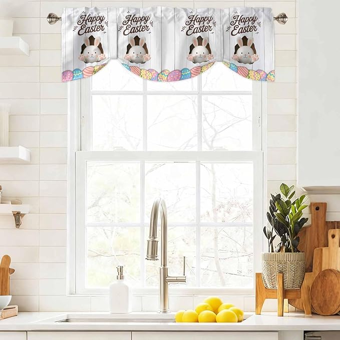 Grey Easter Tie Up Valance Curtains for Windows, Kitchen Curtains Window Shades, Spring Cartoon Bunny Colorful Eggs Wood Grain Light Filtering Roman Curtain Valances for Bedroom/Bathroom/Cafe 60"x18"