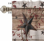 Kitchen Curtains Tiers and Valance Set of 3, Rustic Star Brown Light Filtering Window Curtain Set, Vintage Plants Berry Wooden Grain Rod Pocket Curtain Drapes for Cafe, Living Room, 24 Inches Tiers