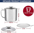 Bacon Grease Container with Strainer, Stainless Steel Oil Storage Can Container with Fine Mesh Strainer Fat Container Pot with Filter Screen, 1.25 QT / 5 Cups Grease Keeper Cooking Oil Keeper
