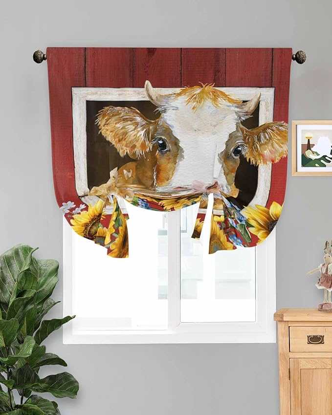 Tie Up Curtains for Windows, Cows Sunflowers Adjustable Balloon Nature Linen Textured Kitchen Curtain, Spring Floral Bees Farmhouse Barn Tie Up Light Filtering Curtains for Decor, 34 x 45 in
