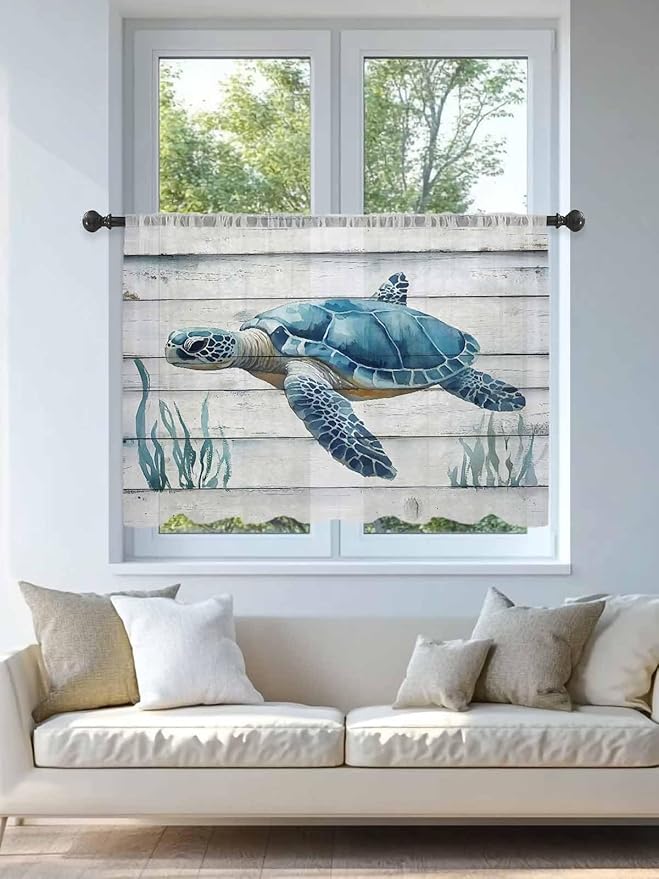 Sheer Curtains 45 Inch Length, Sea Turtle Blue Semi Sheer Curtains Light Filtering Window Treatment, Coastal Ocean Seaweed Wood Grain Privacy Voile Drapes for Living Room Bedroom 52x45 Inch