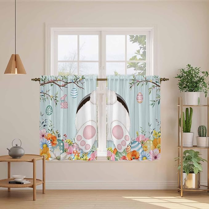 Easter Bunny Kitchen Curtains 45 Inch Long 2 Panel Set,Rod Pocket Window Treatment,Easter Eggs Spring Farmhouse Wood Grain Teal Blue Light Filtering Panels Short Drapes for Bathroom Camper 42"W x 45"L