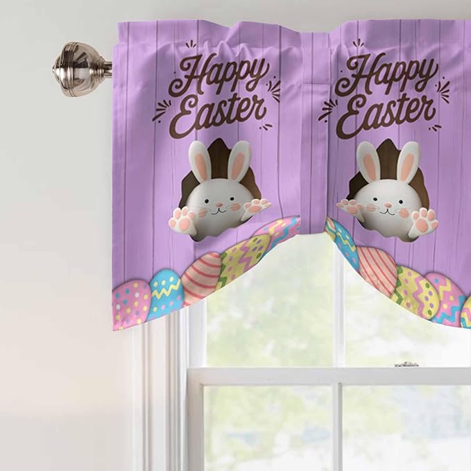 Purple Easter Tie Up Valance Curtains for Windows, Kitchen Curtains Window Shades, Spring Cartoon Bunny Colorful Eggs Wood Grain Light Filtering Curtain Valances for Bedroom/Bathroom/Cafe 42"x12"