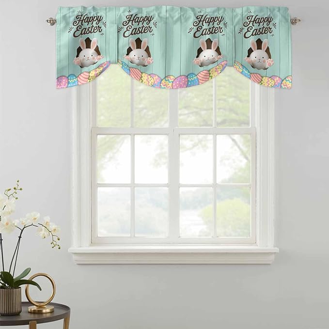 Green Easter Tie Up Valance Curtains for Windows, Kitchen Curtains Window Shades, Spring Cartoon Bunny Colorful Eggs Wood Grain Light Filtering Roman Curtain Valances for Bedroom/Bathroom/Cafe 42"x12"