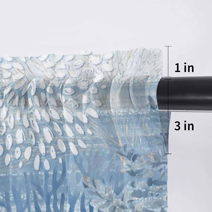 Ocean Corals Sheer Valance Curtains, Summer Beach Coral Sea Stars Blue Stripes Light Filtering Kitchen Valances Rod Pocket Voile Curtain Window Treatment for Bedroom/Living Room/Basement 54Wx18L
