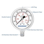 MEASUREMAN Fully Stainless Steel Hydraulic Glycerin Filled Pressure Gauge, 2-1/2" Dial Size,0-160psi/kpa,1/4" NPT Lower Mount