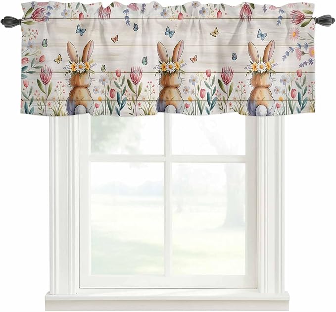 Easter Curtain Valances for Windows, Kitchen Valance Window Treatment, Spring Bunny Butterfly Botanical Wooden Grain Light Filtering Block Curtains for Bathroom/Bedroom/Living Room 42'' x 18''