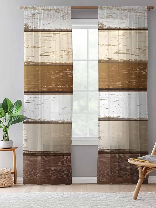 Sheer Curtains 84 Inches Long, Vintage Geometric Brown Semi Sheer Curtains Light Filtering Window Treatment, Farmhouse Country Chic Wood Grain Privacy Voile Drapes for Living Room Bedroom 52x84 Inch
