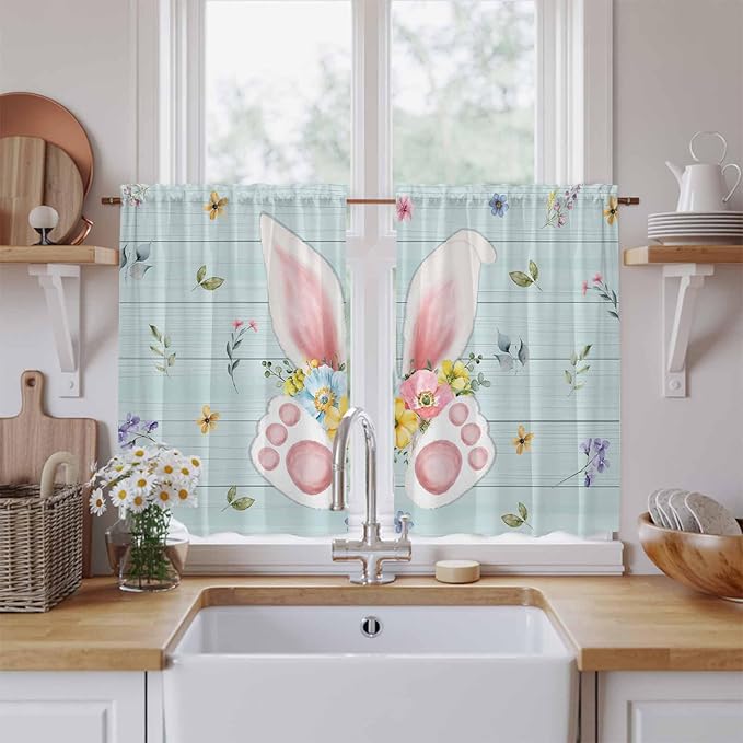Easter Kitchen Curtains 45 Inch Long 2 Panel Set, Rod Pocket Window Treatment, Spring Rabbits Ears Feet Flowers Wooden Grain Light Filtering Short Curtains & Drapes for Bathroom Laundry 52"W x 45"L