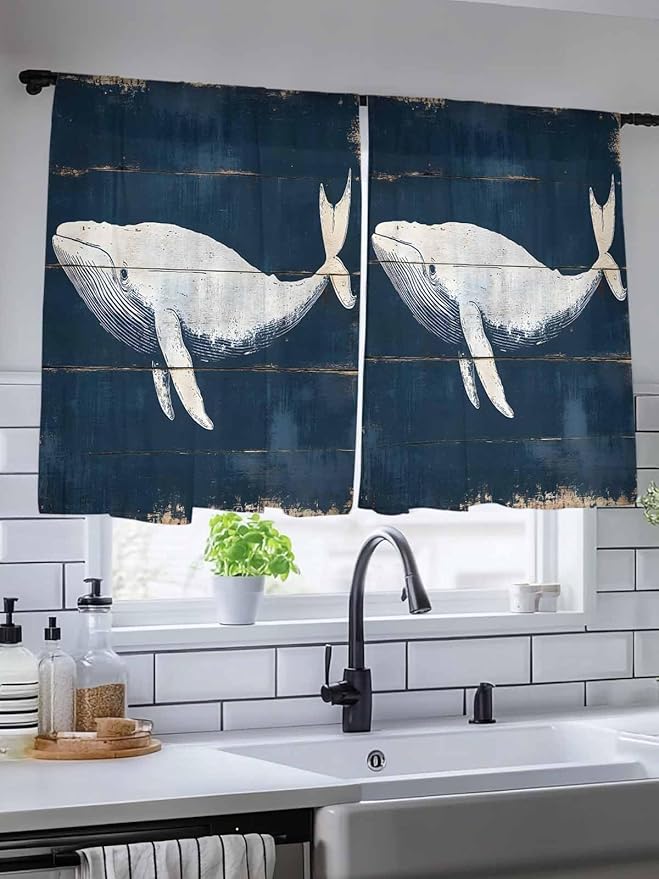 Sheer Curtains 54 Inch Length, Ocean Whale Blue Semi Sheer Curtains Light Filtering Window Treatment, Watercolor Coastal Vintage Wood Grain Privacy Voile Drapes for Living Room Bedroom 52x54 Inch